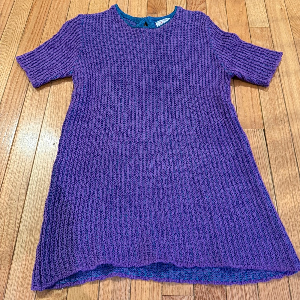 VTG Doncaster Purple Knit Casual Turquoise Trim Short Sleeve Sweater